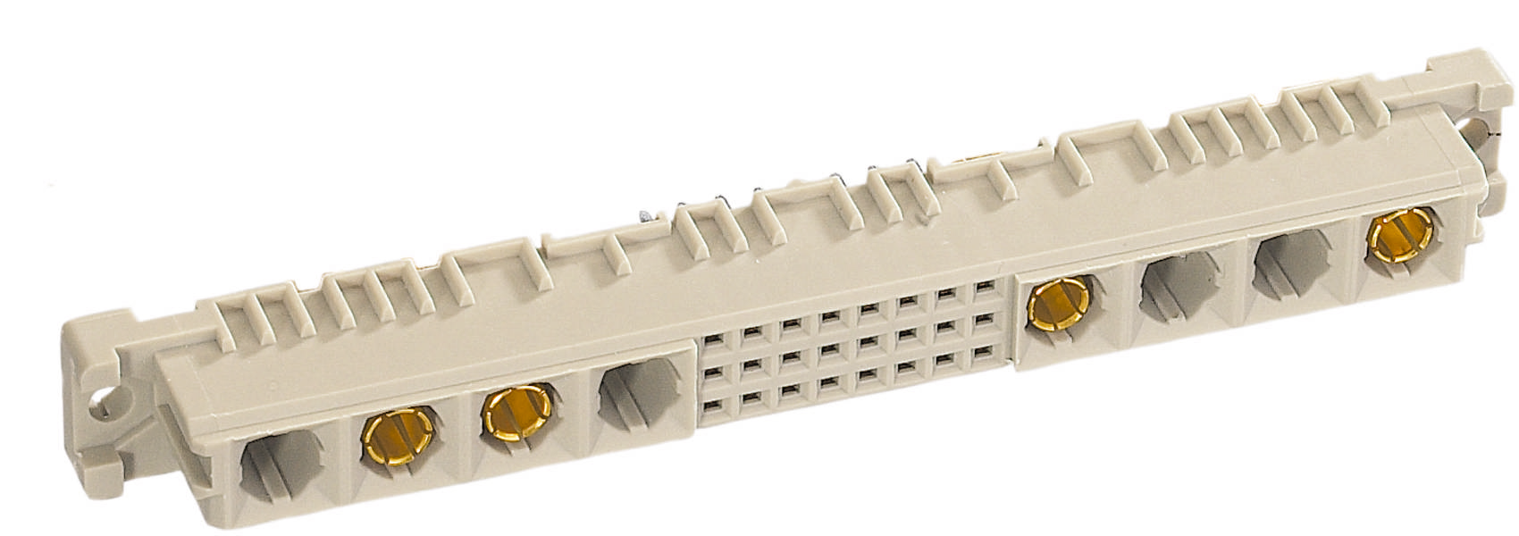 Ein Steckverbinder mit mehreren runden und rechteckigen Metallkontakten, geeignet für elektronische Anwendungen.