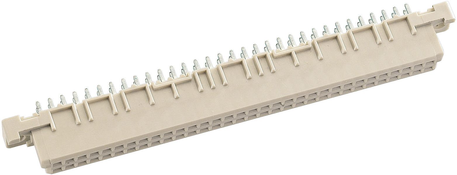 Nahaufnahme eines beigen Steckverbinders mit zahlreichen Metallpins in zwei Reihen, geeignet für elektronische Geräte.