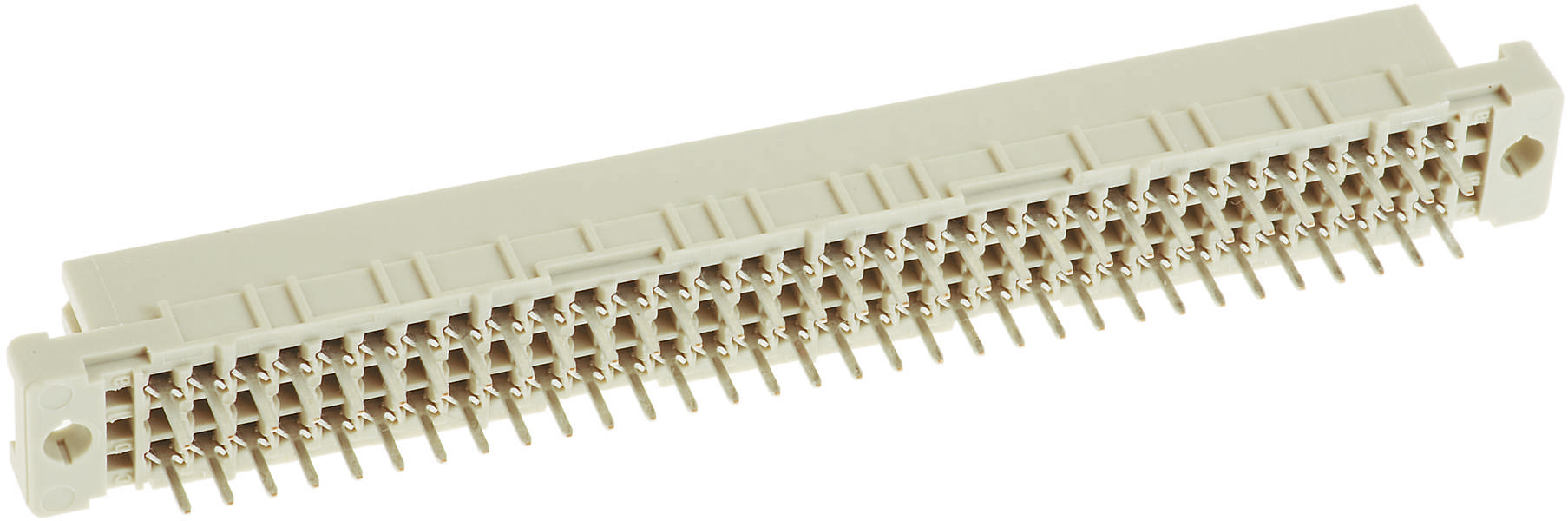 Ein weißer Steckverbinder mit vielen Metallpins, horizontal ausgerichtet. Er dient zum Verbinden elektronischer Komponenten.