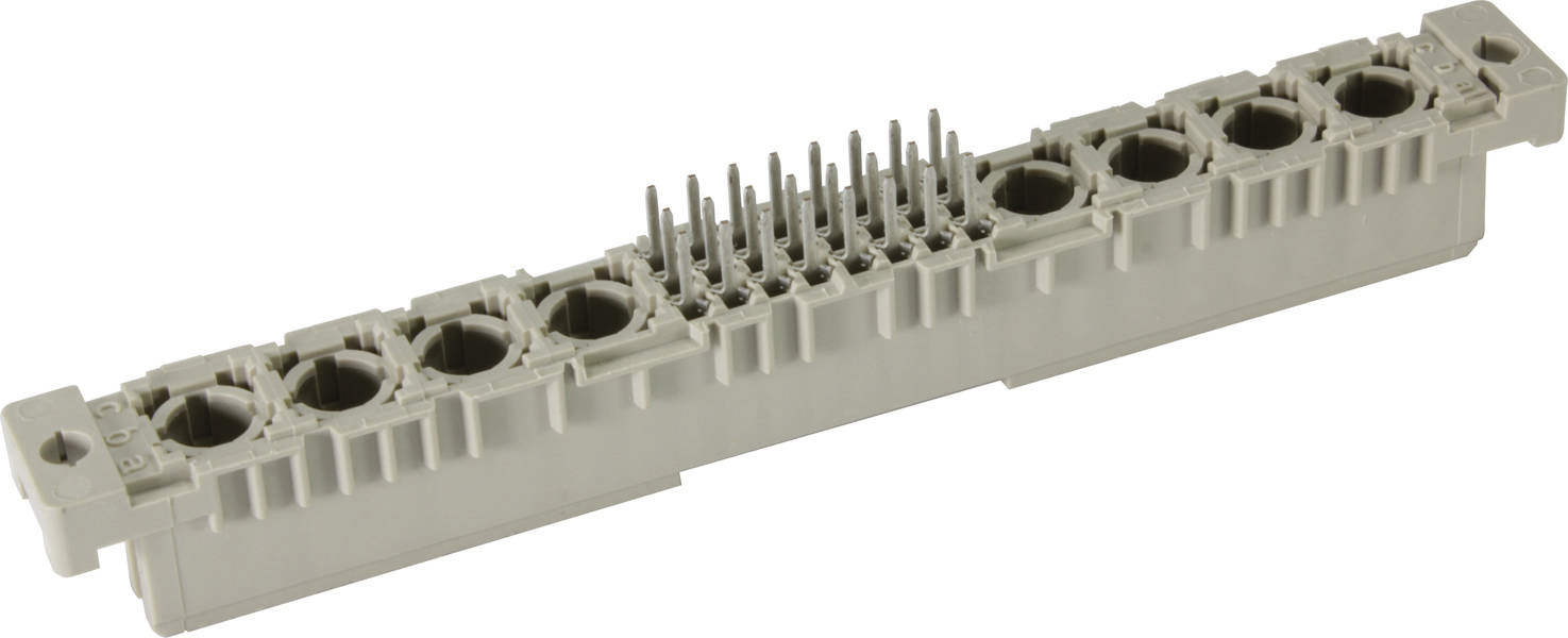 Ein rechteckiger, grauer Steckverbinder mit kreisförmigen Buchsen und mittigen Stiften, geeignet für technische Anwendungen.