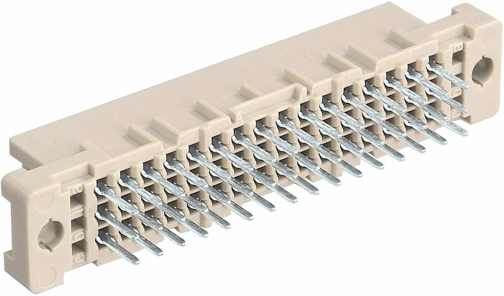 Ein rechteckiger Elektronikstecker mit mehrreihigen Metallstiften zeigt eine Leiterplatten-Buchsenleiste für elektronische Verbindungen.