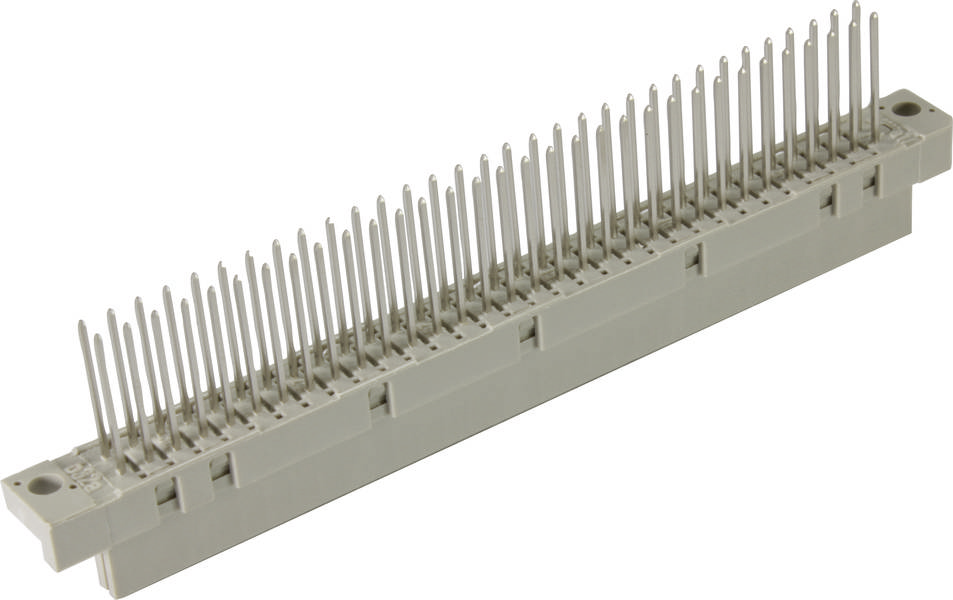 Ein rechteckiger, grauer Steckverbinder mit vielen parallelen Metallstiften zur elektrischen Verbindung von Geräten oder Platinen.