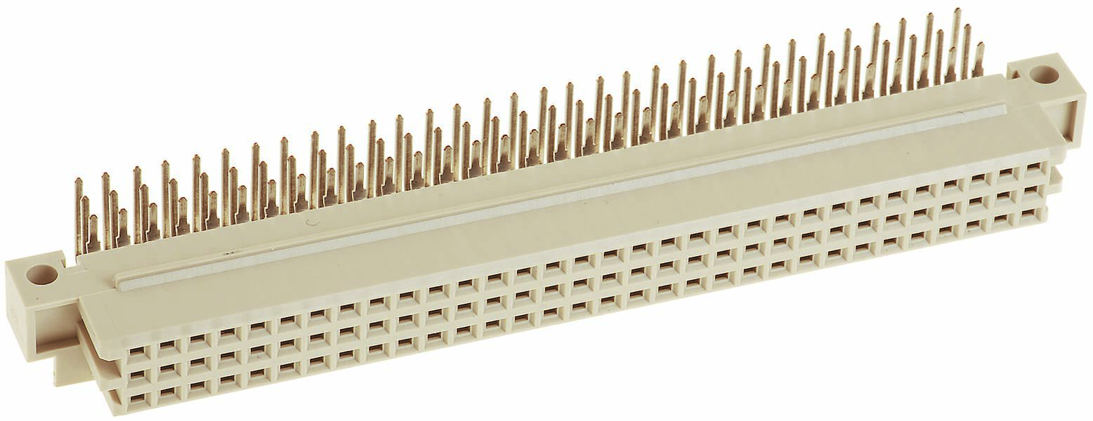 Ein großer, rechteckiger, beiger Steckverbinder mit vielen Metallstiften, zur elektrischen Verbindung von Geräten und Schaltkreisen.