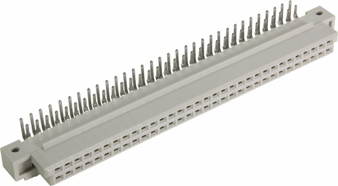 Kunststoffstecker mit zahlreichen Metallstiften in zwei Reihen zur Verbindung elektronischer Komponenten.