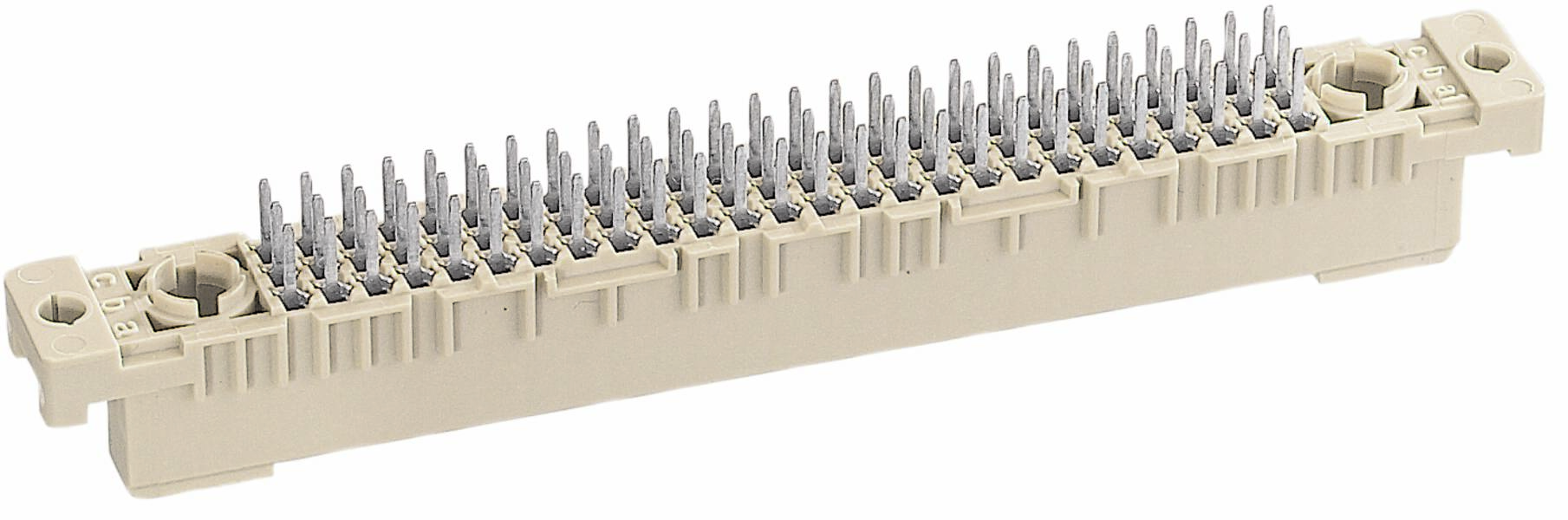 Ein beige elektrischer Steckverbinder mit zahlreichen Metallstiften, horizontal ausgerichtet, Verwendung in elektronischen Geräten.