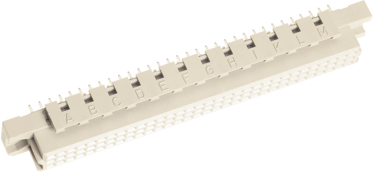 Ein weißer elektrischer Patchpanelblock mit Buchstaben A bis M auf Steckfeldern, zur Organisation von Kabelverbindungen.