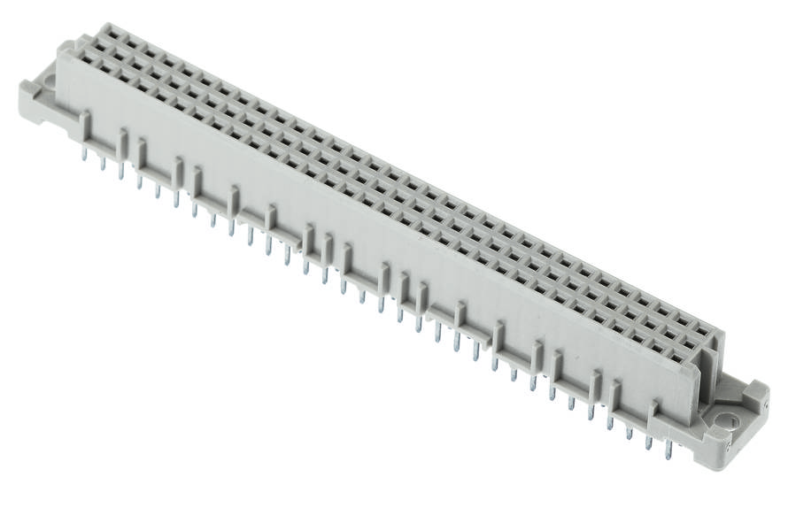 Ein grauer elektrischer Steckverbinder mit vielen Pins, der zur Verbindung elektronischer Komponenten in Geräten verwendet wird.