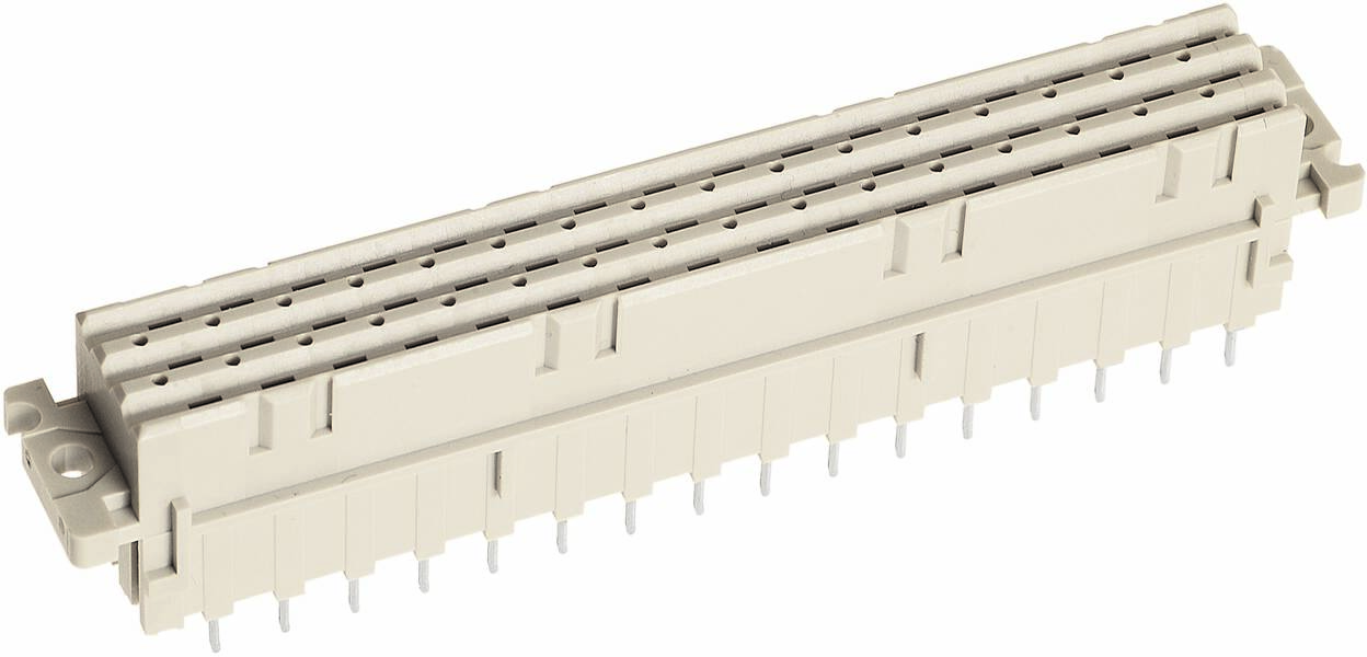 Rechteckiger Steckverbinder mit mehreren Reihen von Metallpins, ideal für elektronische Geräte. Beige Gehäuse mit Montagelöchern.