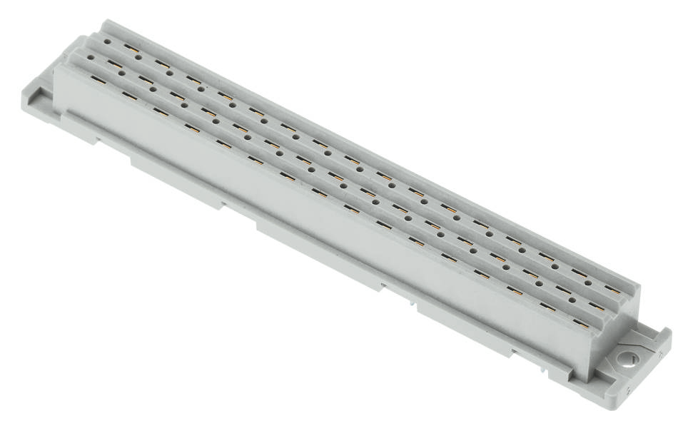 Ein langer, rechteckiger, grauer Plattenanschluss mit mehreren Metallkontakten, typischerweise verwendet in elektrischen Geräten.