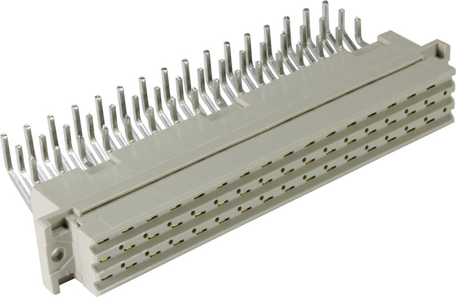 Ein grauer elektronischer Steckverbinder mit zahlreichen Metallpins, der für die Verbindung von elektronischen Bauteilen verwendet wird.