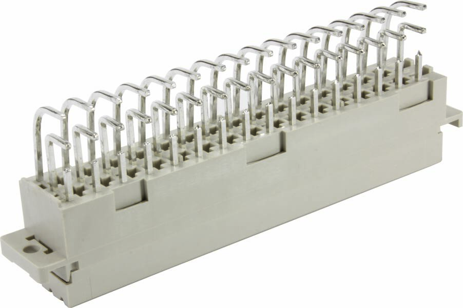 Eine weiße elektrische Anschlussklemme mit mehreren Reihen silberner Stecker ist abgebildet.