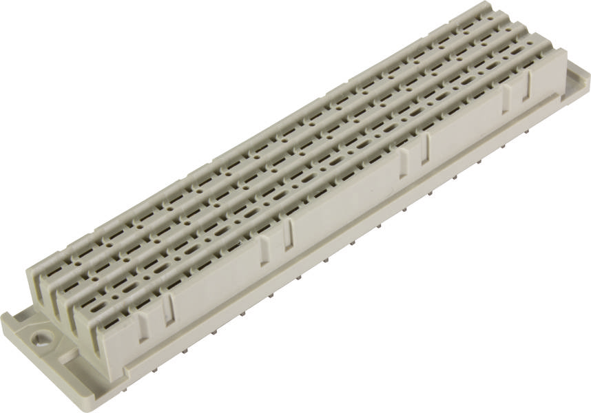 Ein grauer elektrischer Steckverbinder mit mehreren parallelen Steckplätzen, verwendet für elektronische Komponenten und Geräte.