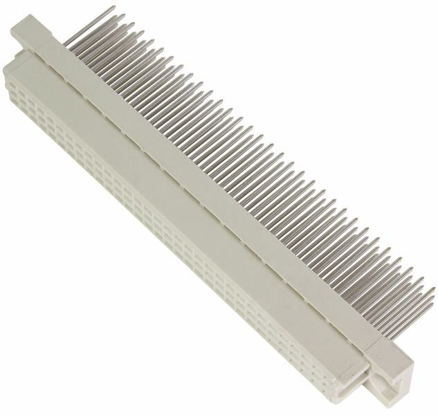 Ein detailreicher Steckverbinder mit mehreren Metallpins in einer stabilen Plastikhülle, gezeigt aus einem Winkel von oben.