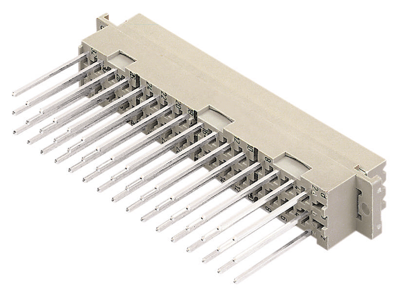 Ein mehrpoliger elektrischer Steckverbinder mit langen Metallpins. Geeignet für Leiterplattenverbindungen in elektronischen Geräten.