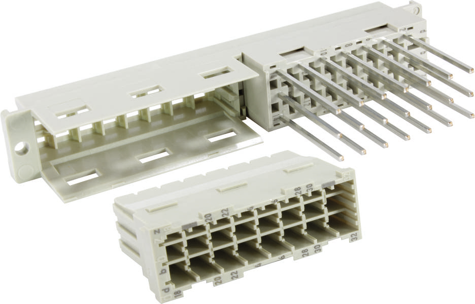 Ein weißer elektronischer Steckverbinder mit mehreren Metallstiften und passender Buchse, verwendet in elektrischen Geräten zur Verbindung von Schaltkreisen.