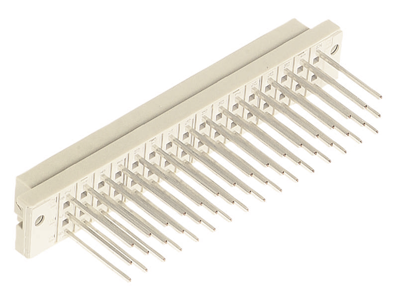 Ein weißer elektronischer Steckverbinder mit zahlreichen Metallstiften für die Verbindung elektronischer Komponenten.