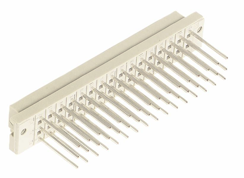 Ein Kunststoffstecker mit mehreren Metallstiften, die in einer Reihe angeordnet sind. Geeignet für elektronische Verbindungen.