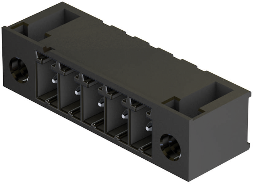 Schwarzer sechspoliger elektronischer Steckverbinder; rechteckige Form mit seitlichen Befestigungsbohrungen.