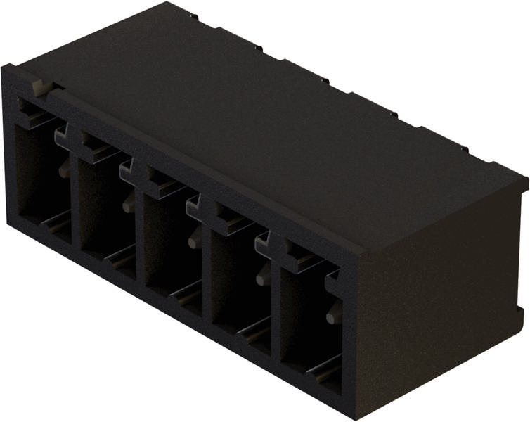 Schwarzer, rechteckiger Kunststoff-Stecker mit sechs parallelen Steckplätzen zur Aufnahme von elektrischen Kontakten.