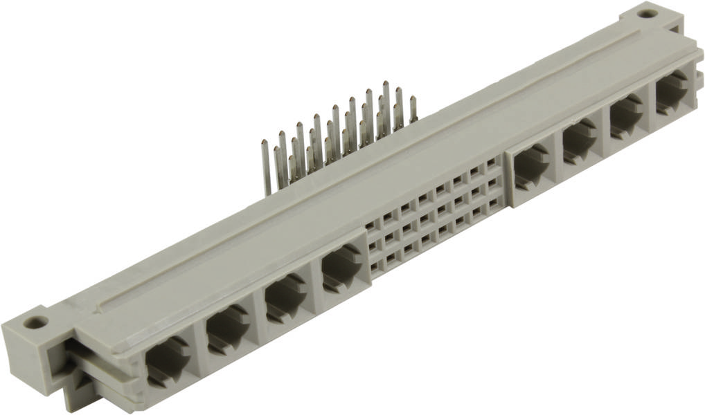 Grauer Steckverbinder mit mehreren Port-Öffnungen, zeigt Reihen von metallischen Pins für elektronische Anschlüsse.