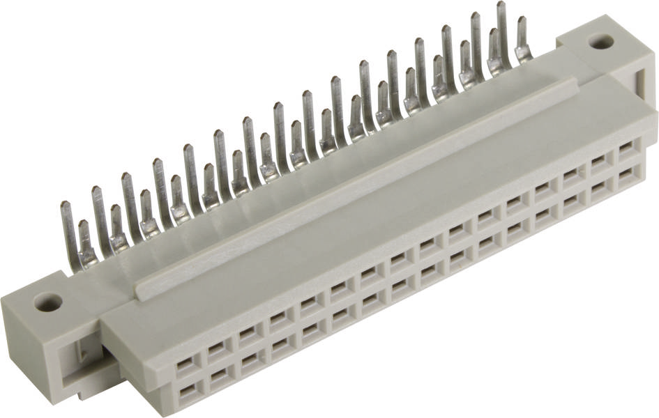 Ein grauer elektrischer Steckverbinder mit Metallstiften für Leiterplattenmontage, in Nahaufnahme. Geeignet für technische Anwendungen.