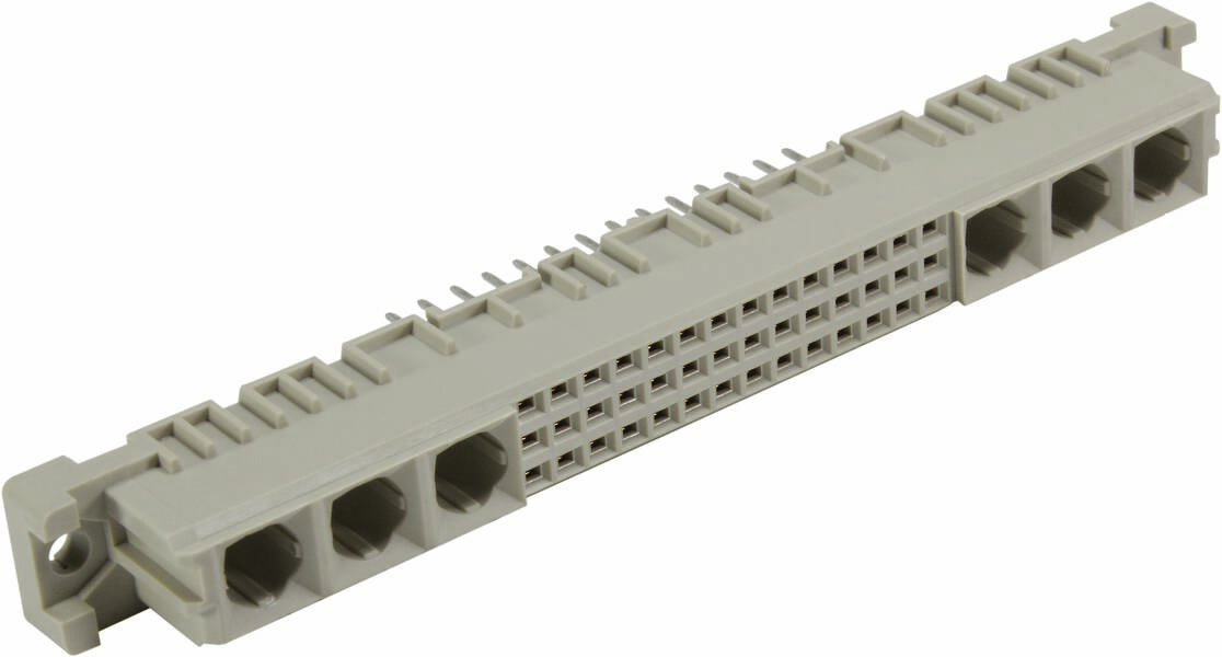 Ein grauer elektrischer Stecker mit mehreren Pins, geeignet für industrielle oder technische Anwendungen.