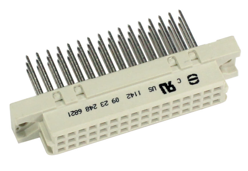 Ein weißer Stecker mit mehreren Metallpins, geeignet für elektronische Verbindungen. Markierungen sind auf der Seite sichtbar.