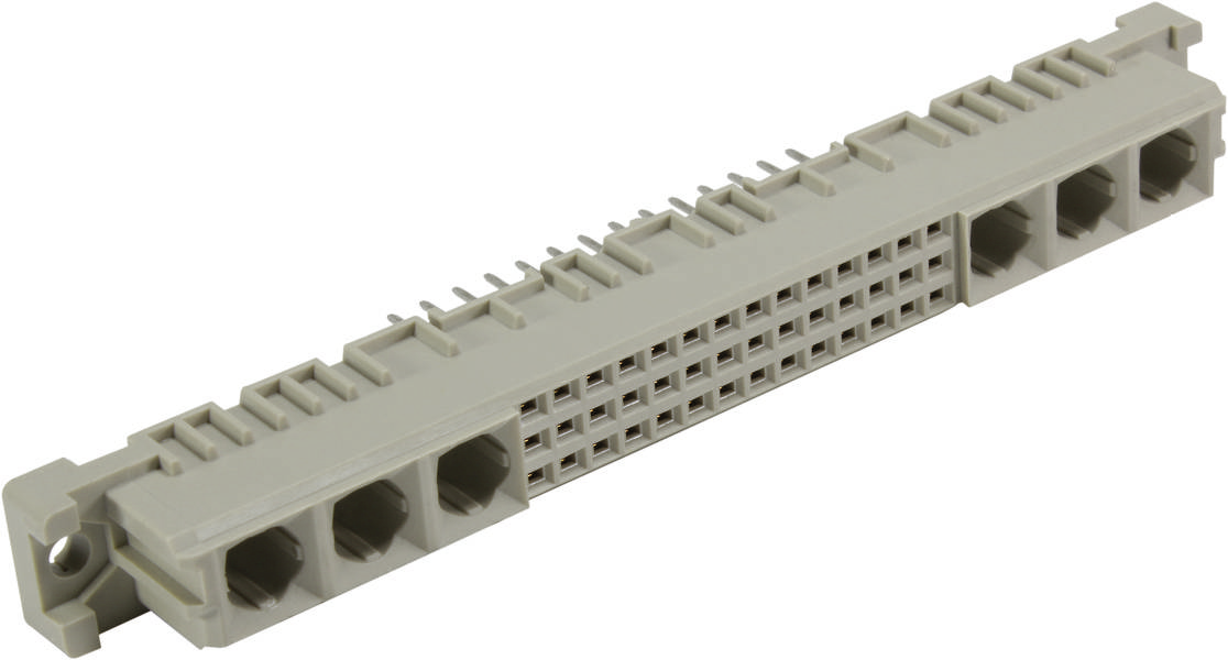 Ein rechteckiger, grauer Steckverbinder mit mehreren Stift- und Buchsenanschlüssen, geeignet für elektronische Anwendungen.