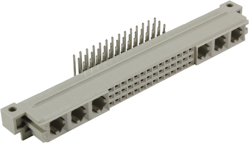 DIN-Steckverbinder mit vielen Stiften, die für elektronische Verbindungen verwendet werden. Beige Farbe, rechteckige Form.