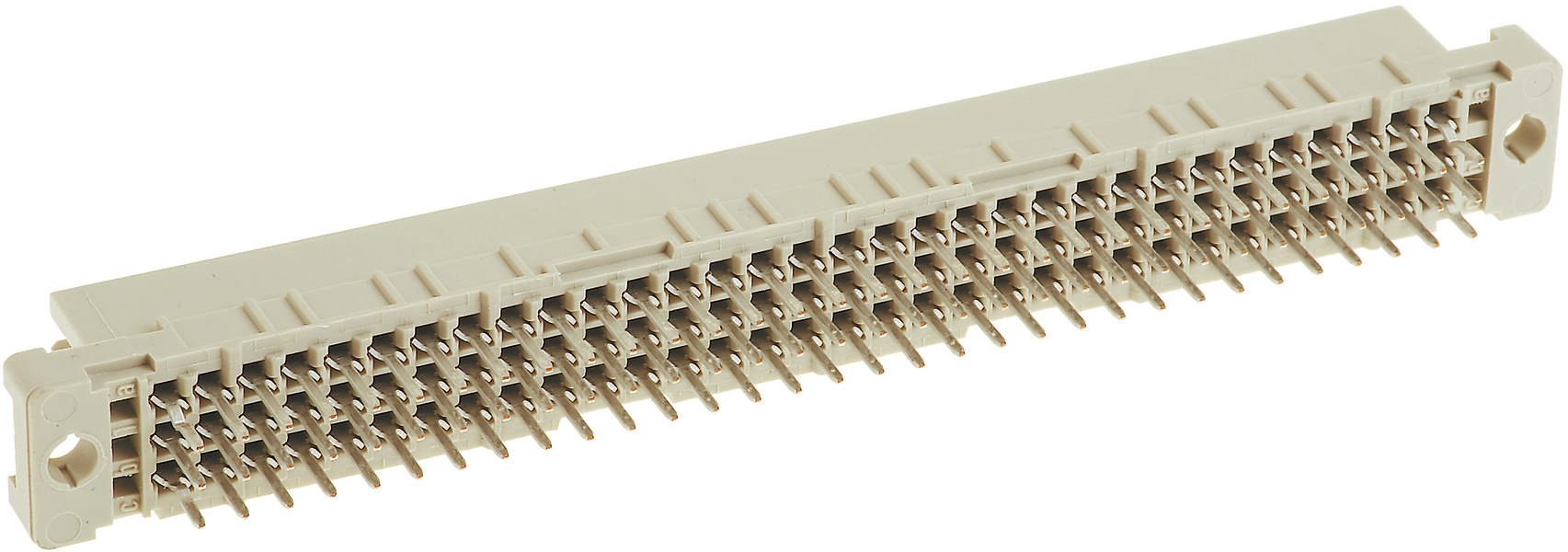 Ein rechteckiger, beige Steckverbinder mit zahlreichen Metallpins in Reihen. Geeignet für elektronische Schaltungen und Verbindungen.