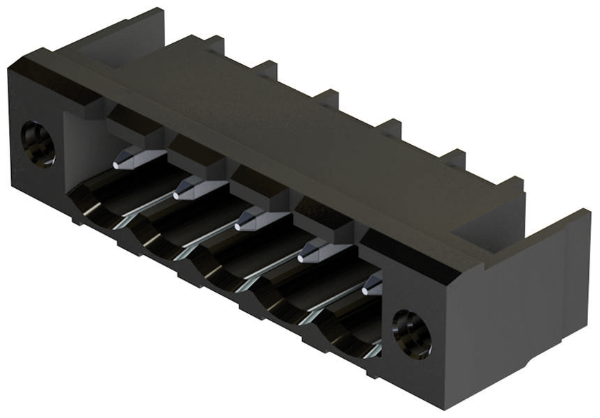Schwarze Steckverbindung mit sechs Metallpins, rechteckige Form, seitliche Schrauböffnungen, für elektronische Anwendungen geeignet.