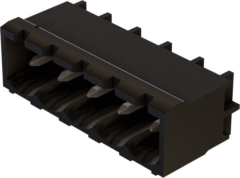 Schwarzer, rechteckiger elektrischer Stecker mit acht Kontaktbuchsen, geeignet für Leiterplattenmontage, seitlich angeordnete Stifte.
