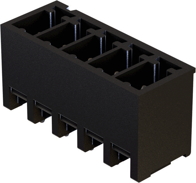 Ein schwarzer Kunststoffstecker mit sechs rechteckigen Öffnungen, geeignet für elektrische Verbindungen in elektronischen Geräten.