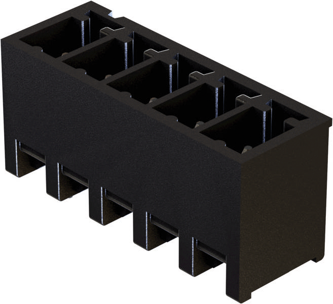 Eine schwarze, rechteckige Steckverbindungsbuchse mit sechs Öffnungen, die für elektronische Verbindungen verwendet wird.