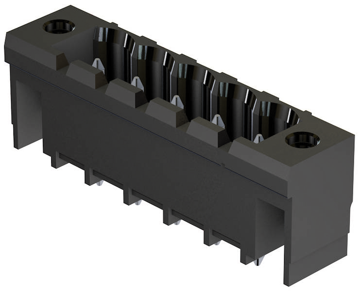 Schwarzer Kunststoffstecker mit acht rechteckigen Löchern, geeignet für elektrische Verbindungen in elektronischen Baugruppen.