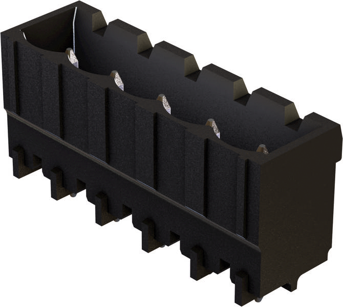 Ein schwarzer, rechteckiger Steckverbinder mit mehreren Anschlussbuchsen, geeignet für elektronische Geräte und Schaltungen.