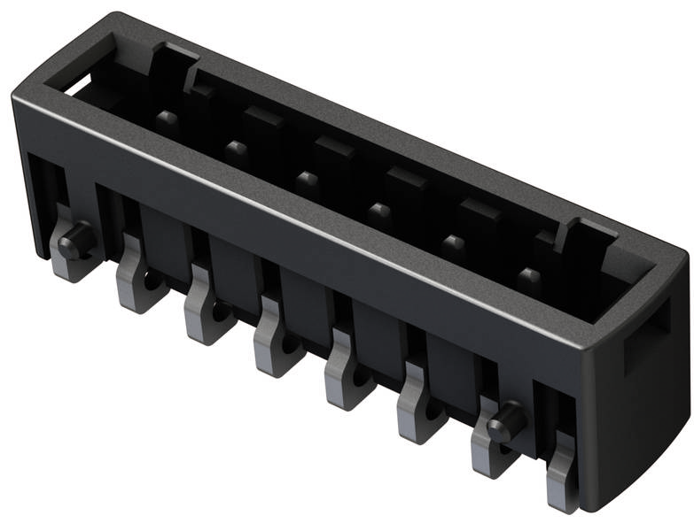 Schwarzer Kunststoffstecker mit mehreren Anschlüssen, rechteckige Form. Wird zur elektrischen Verbindung von Leitungen verwendet.