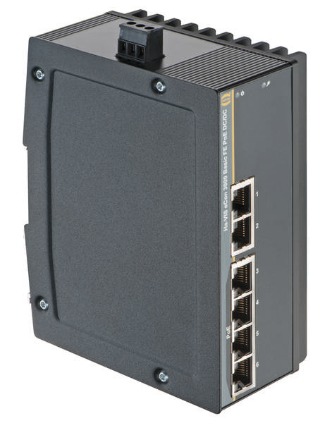 Industrie-Netzwerk-Switch mit robustem Gehäuse, vier Ethernet-Ports und einer Power-LED-Anzeige. Designed für zuverlässige Konnektivität.