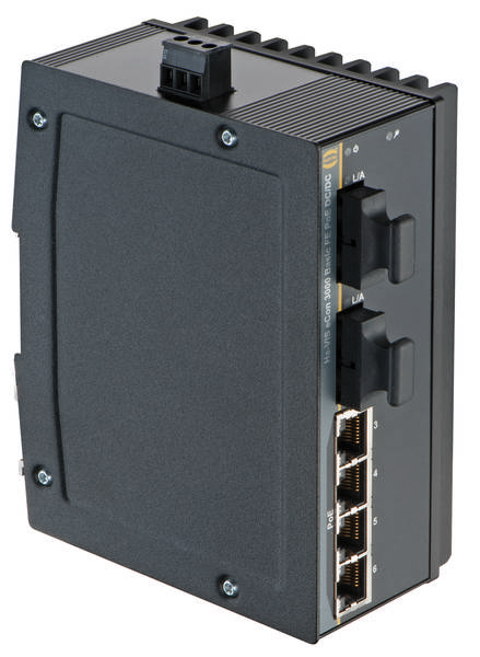 Ein industrieller Netzwerk-Switch mit vier Ethernet-Ports und zwei optischen Anschlüssen, geeignet für robuste Umgebungen.