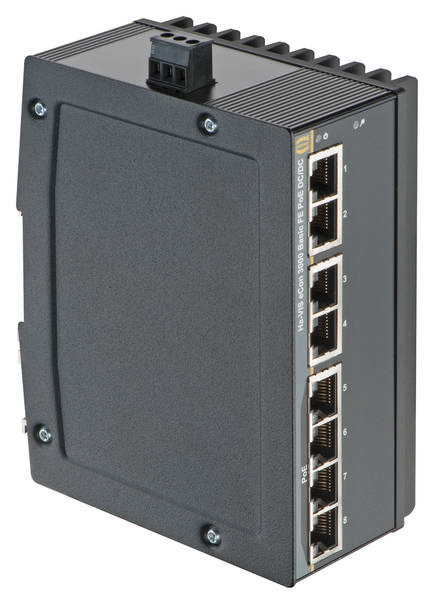 Industrieller Ethernet-Switch mit sechs RJ-45-Ports für den Anschluss an Netzwerke, geeignet für raue Umgebungen.