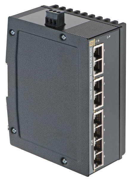 Schwarzer, rechteckiger Industrie-Netzwerkswitch mit acht Ethernet-Ports in zwei vertikalen Reihen auf der rechten Seite.