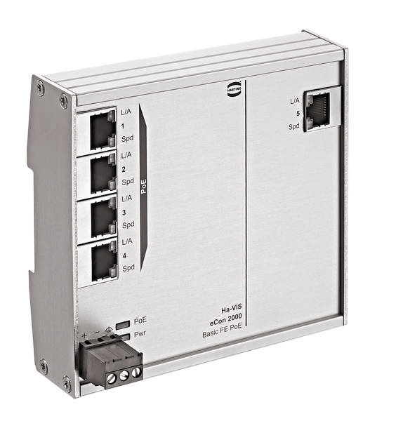 Ein silberner Netzwerk-Switch mit vier Ethernet-Ports auf der linken Seite und einem Ethernet-Port auf der rechten Seite. Markierung 'eCon 2000'.