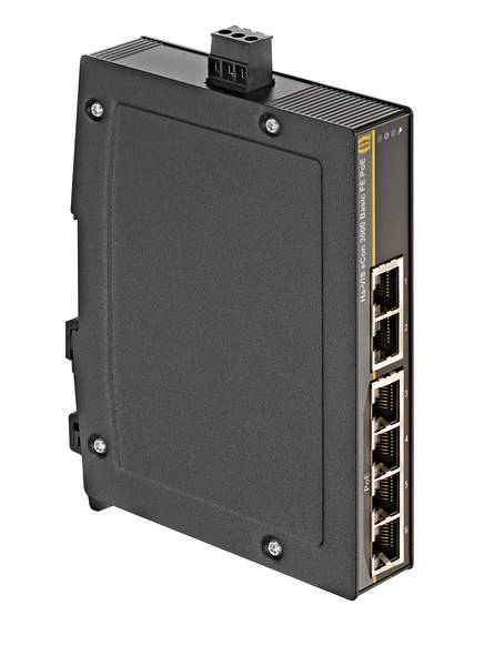 Schwarzes, wandmontierbares Netzwerkgerät mit vier Ethernet-Ports, geeignet für industrielle Anwendungen.