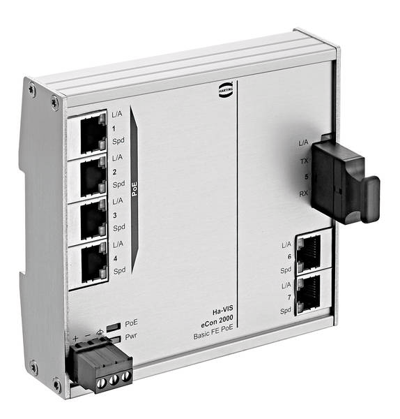 Ein silberner Netzwerk-Switch mit mehreren Ethernet-Ports und Beschriftungen für 'L/A', 'Spd', 'Pwr', und 'PoE'. Seitenansicht.