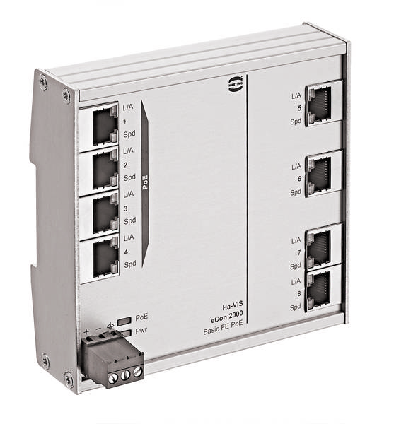 Netzwerkswitch mit acht Ethernet-Ports, einem Glasfaser-Anschluss und LEDs für Statusanzeigen. Beschriftung: 'Ha-VIS eCon 2000'.