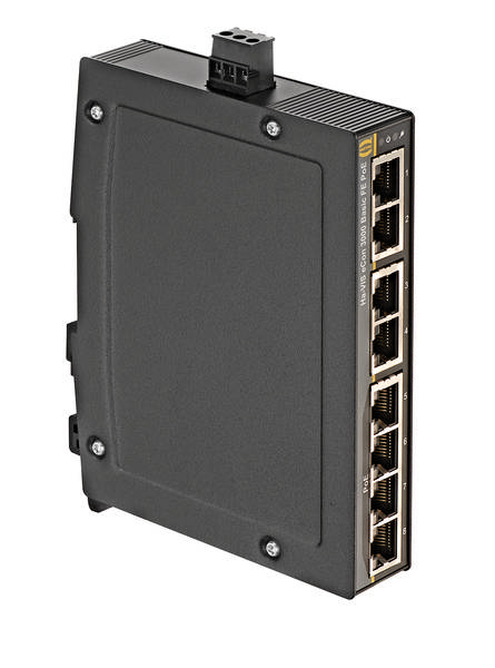 Das Bild zeigt einen schwarzen Netzwerk-Switch mit sechs Ethernet-Anschlüssen. Oben ist ein Stromanschluss sichtbar.
