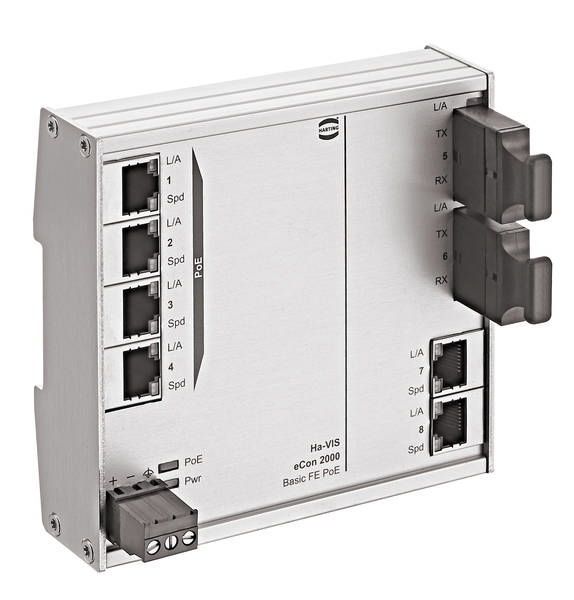 Metallschalter mit mehreren Ethernet-Ports und LED-Anzeigen. Markierungen: 'eCon 2000', 'Basic FE PoE'. Funktion zur Netzwerkverbindung.