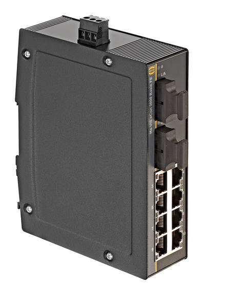 Acht-Port-Ethernet-Switch in schwarzem Gehäuse. Oben ist ein Stromanschluss, seitlich befinden sich acht Netzwerkanschlüsse.