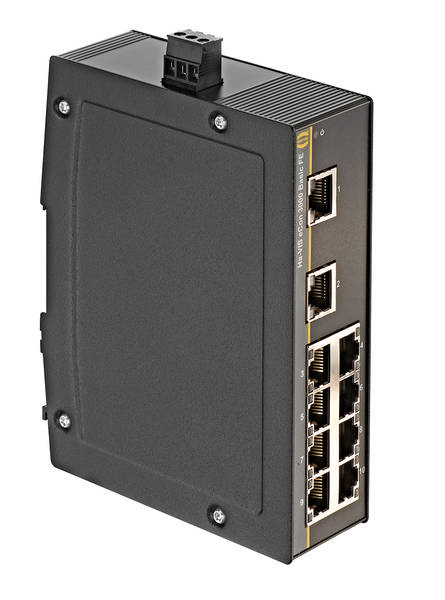 Industrie-Netzwerkswitch mit 10 Ethernet-Anschlüssen, robuste Bauweise.