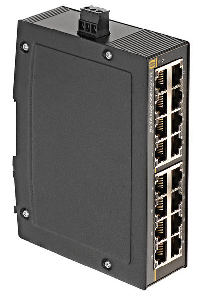 Ein Netzwerk-Switch mit mehreren Ethernet-Ports, teils von einer großen, unscharfen Zahl '33' auf schwarzem Hintergrund überdeckt.